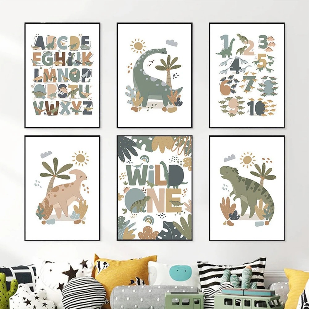 Kids Education Alphabet Numbers - Nordisches Niedliches Baby-Dinosaurier Wandbild Leinwandgemälde Alphabet
