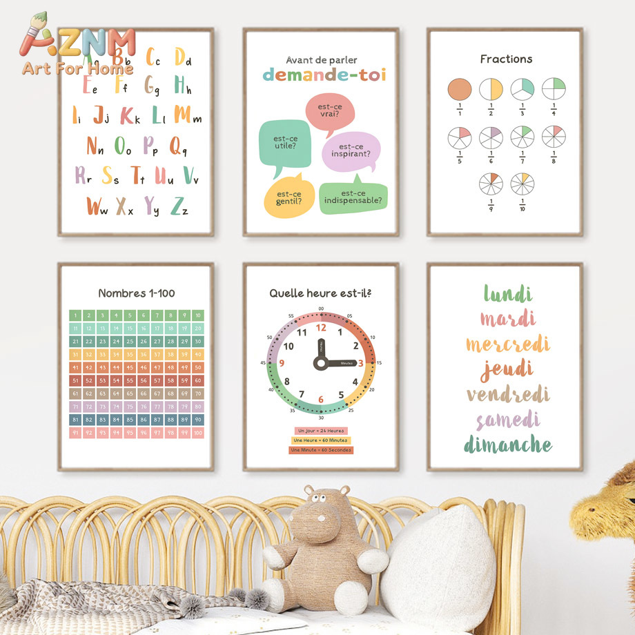Kids Education Alphabet Numbers - AZNM Französische Kinder-Lern-Leinwand-Wandkunst: Alphabet, Zahlen, Uhr,