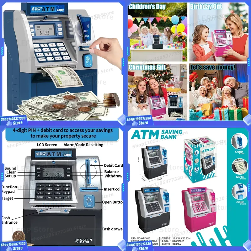 Kids Education Savings - Elektrisches Mini-Geldautomaten-Spielzeug für Kinder, Simulations-Spardose, multifunktionale